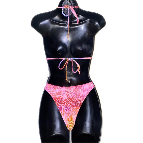 New Small Fashion Nova Pink Animal Print Bikini Swim Beach Side Tie Triangle - Picture 5 of 5
